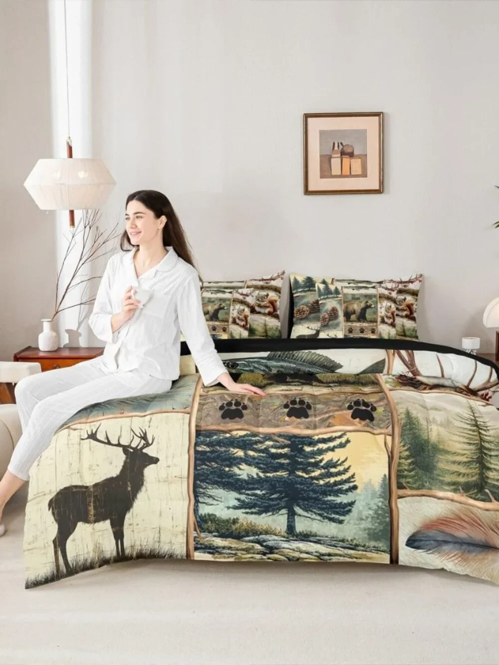 Rustic Cabin Bear Comforter Set with Sheets Queen Size Kids Wild Animal Hunting